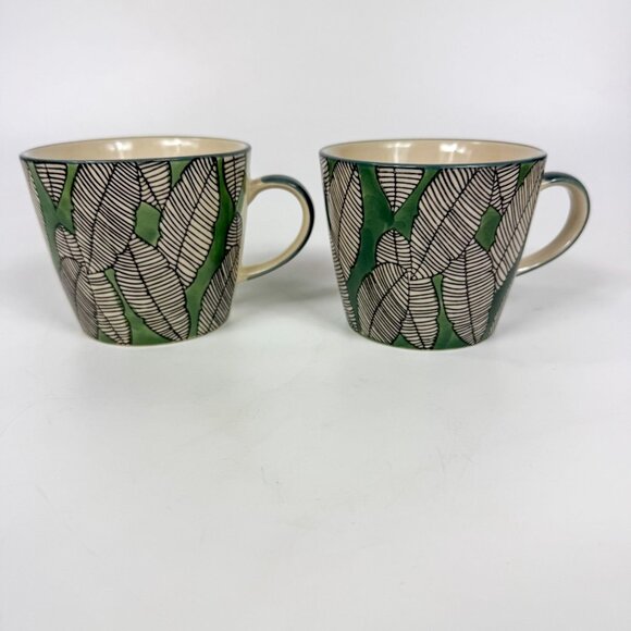 Maisons du Monde France Leaves Motif Green Coffee mugs cups Cappuccino set of 2 - Picture 3 of 5